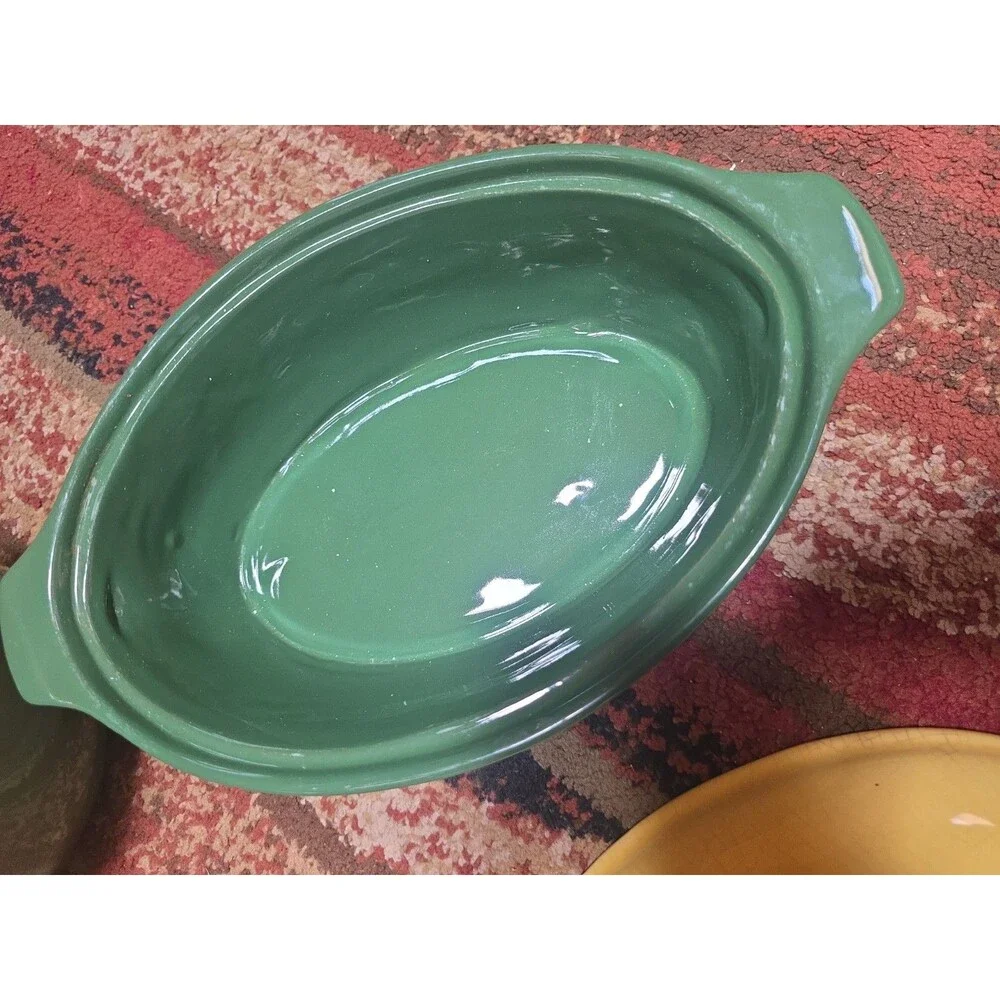 Vintage Cameron Clay Casserole Bake Oven USA Green&Yellow Nice Condition-2 Piece
